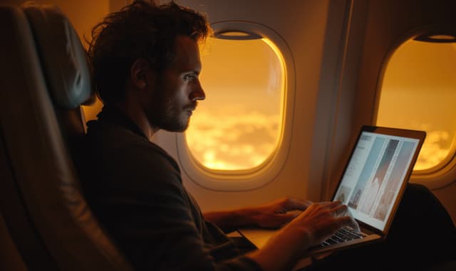Man die op een laptop werkt op een buitenlocatie